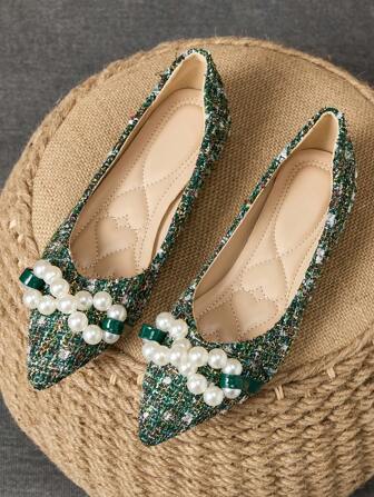 WHDXY 1 双女士绿色珍珠平底鞋，尖头软皮舒适办公室工作鞋，百搭乐福鞋，芭蕾平底鞋休闲时尚通勤鞋