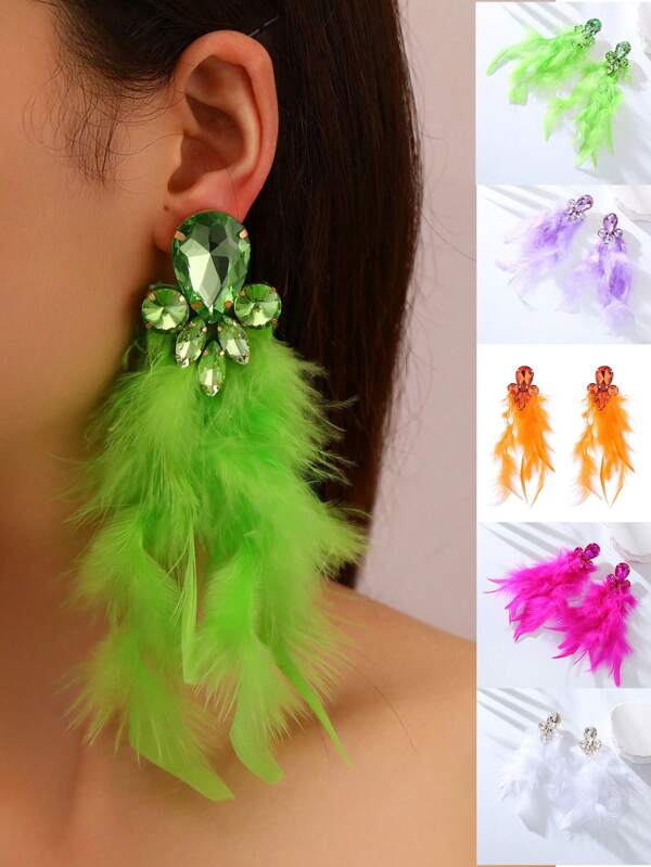 1 Pair Colorful Sexy Exaggerated Feather & Crystal Stud Earrings, Fashion Party Accessories