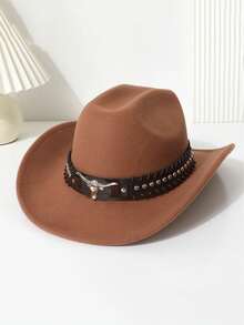 1 pièce Chapeau de cow-boy occidental pour femmes avec serre-tête de vache, travail de qualité, pour l'extérieur, la randonnée, la conduite, les fêtes, accessoires de cow-boy - Chapeau de taureau argenté à rivets - Voir 12