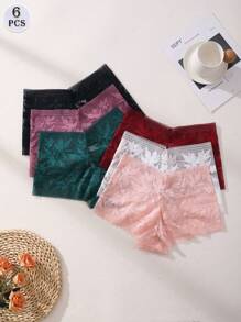 6 PCS Women's Sexy Lace Boxer Shorts Mid Waist Seamless Panties Tummy Control &Butt Lifter Stretch Lingerie Comfortable And Breathable Briefs Sports Underwear