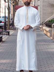 伊斯兰男士传统长袖刺绣立领宽松男士长袍 阿拉伯男士休闲正装长袍 - 白色 - 查看 1