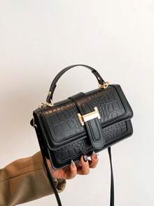 2024 Autumn Crocodile-Patterned Fashionable Women Handbag Shoulder Bag Solid Color Cross Body Small Square BagSuitable For Shopping, Wallet, Shopping, Young Women, College Students, Newcomers, White-Collar Workers. Very Suitable For Office, College, Work, Business, Commuting, Outdoor Activities, Travel And Outings - Black - View 4