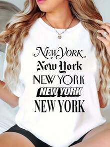100% Cotton  New York City Newsprint Typography White T-Shirt White T-Shirt Print Round Neck Short Sleeve White T-Shirt For Women Casual, Summer, Women Top Graphic Tees Women Tops - 白色 - 查看 1