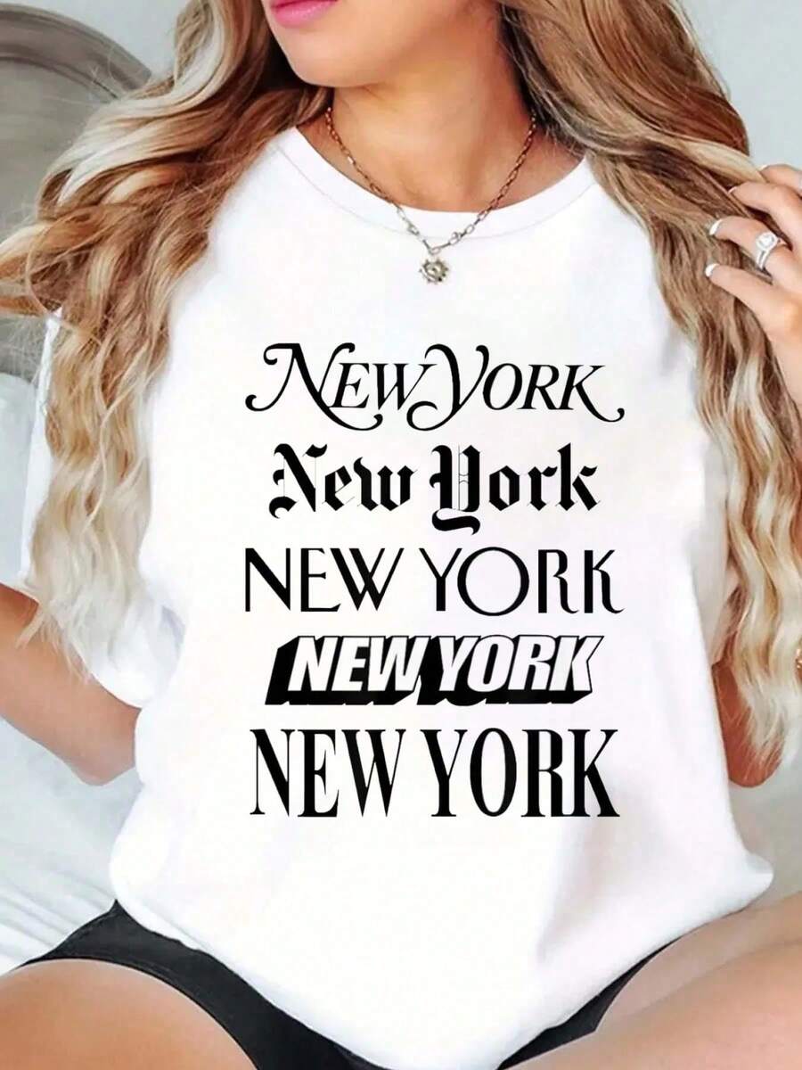 100% Cotton New York City Newsprint Typography White T-Shirt White T-Shirt Print Round Neck Short Sleeve White T-Shirt For Women Casual, Summer, Women Top Graphic Tees Women Tops - 白色 - 查看 1