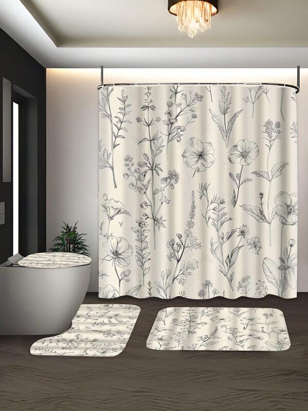 1/4 szt. Botanical Bliss, Chic Vintage Farmhouse Print Shower Curtain - Wodoodporny poliester z haczykami, Można prać w pralce, Idealny na każdą porę roku, Rustykalna Farmhouse Shower Curtain Home Bathroom Decor Letnie akcesoria łazienkowe Powrót do szkoły