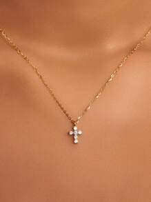 1 pieza Collar con colgante de mini cruz de plata de ley 925 para mujeres, cadena de clavícula de cristal de circonita delicada, pequeño y único, regalo para la novia