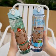 1pc 700ml/23.6oz Cute Cartoon Bear 3D Print Plastic Water Cup With Straw, Children Portable Mug With One-Click Flip Cover, Suitable For Outdoor Sports, Camping, Yoga, Picnics, School