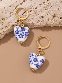 1 Pair Vintage Handpainted Blue And White Porcelain Beaded Earrings, Elegant Dangle Earrings For Women