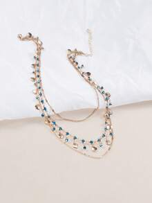 1pc 3-Layer Blue Zirconia & Golden Shell Necklace, Unique Design Delicate Jewelry - Blue - View 3