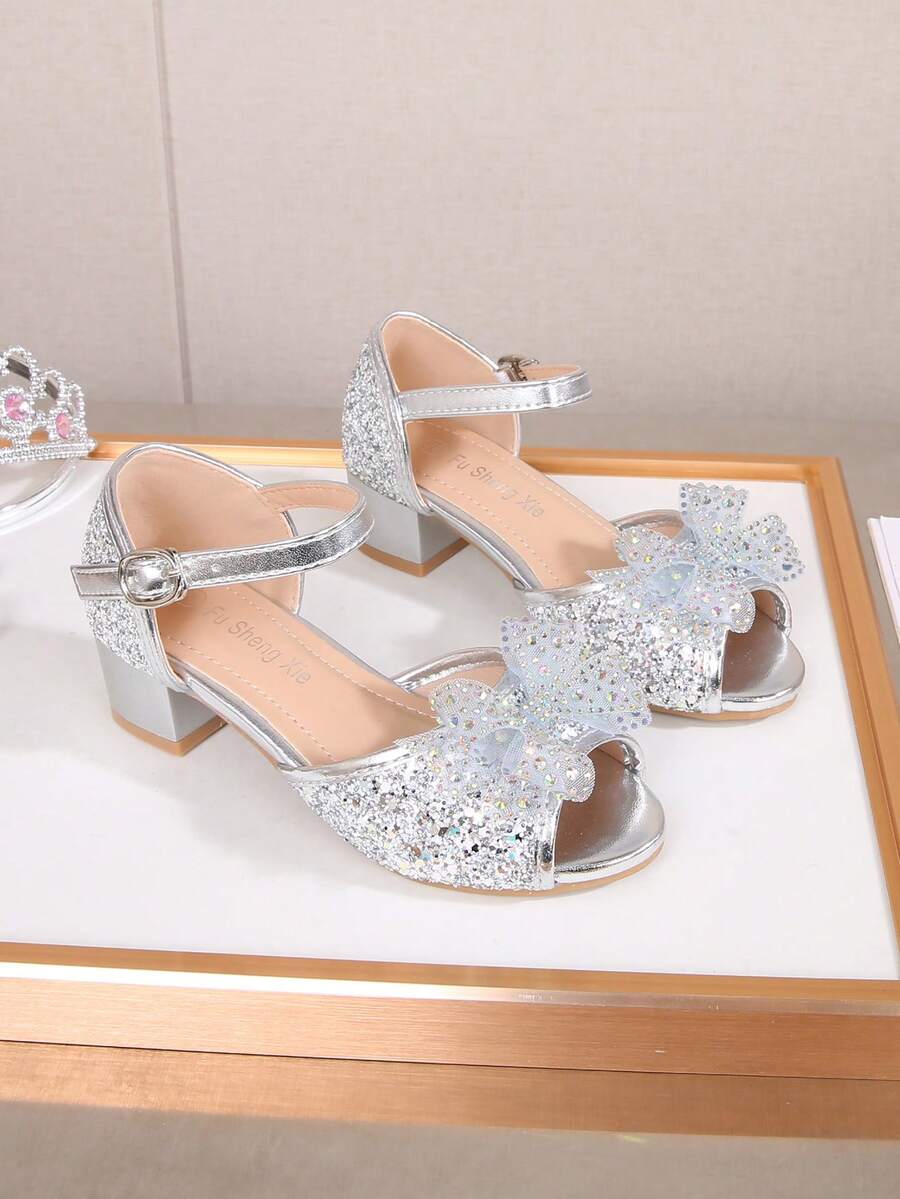 Girls' Elegant Fashion High-End Bow Party High Heel Sandals, Open Toe High Heel Sandals, Breathable And Lightweight Formal Shoes For Party, Performance, Banquet, Wedding, Round Toe High Heel Sandals