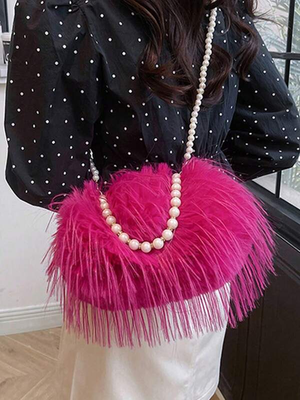 Fluffy Shoulder Bag For Women, Cute Pearl & Tassel Decor High-End Plush Shell Crossbody Bag, Rose Red