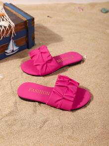 夏季新款圆头褶皱设计女童户外拖鞋，时尚大方，纯色西部儿童平底凉鞋 - 玫紅色 - 查看 3