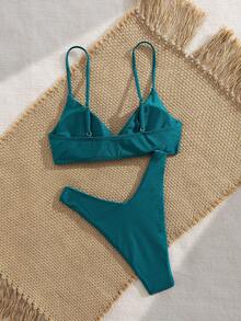 女士纯色金属环可拆卸肩带两件套比基尼套装，夏季