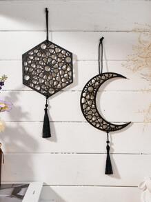 1 pieza Decoración colgante de forma de luna hueca hexagonal/octogonal de madera negra con borla negra, ornamentos colgantes creativos modernos de madera negra, disponible en varios estilos, adecuado para fiestas, decoración de pared, regalos decorativos, hogar, accesorios de arte