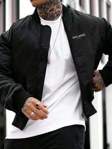 Plus Size Men's Jacket, Spring & Autumn, Letter Print Casual Baseball Uniform, Long Sleeve Zip Up Baseball Collar Jacket, Plus Size For Tall Men - Black - View 2