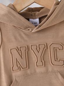 2pcs/Set Infant New York Embossed Comfy Hooded Tank Top And Shorts Set With Pockets, Suitable For Children Outdoor Clothing, Summer