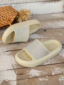 Women's Summer Fashion Rhinestone Decorated Slippers, Casual Thick Sole Comfortable Indoor Outdoor Flat Sandals - Khaki - View 1