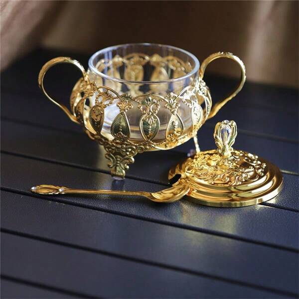 1pc European Style Kitchen Accessories Glass Spice Jar, Creative Hollow Metal Spice Storage Box, Elegant Sugar Bowl,School Supplies