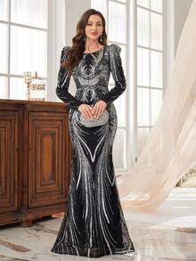 UNITHORSE [随机剪裁] 女士闪亮亮片圆领蝴蝶袖露背美人鱼晚会礼服，正式礼服，适合婚礼宾客 - 銀色 - 查看 5