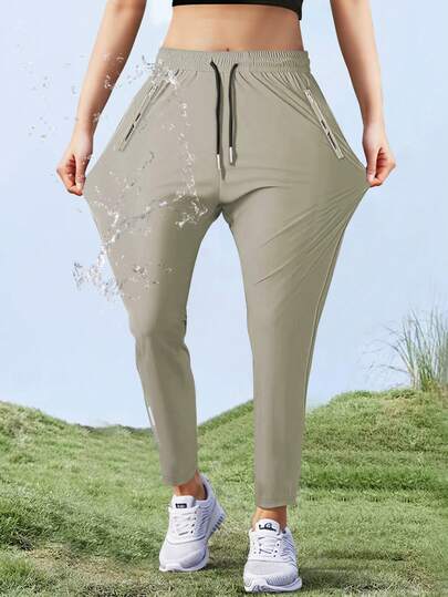[Spring/Summer] Women's High Elastic Waist Straight Leg Ice Silk Pants, Elastic Waist With Drawstring, Outdoor Casual Quick-Dry Zipper Pocket Sports Leggings