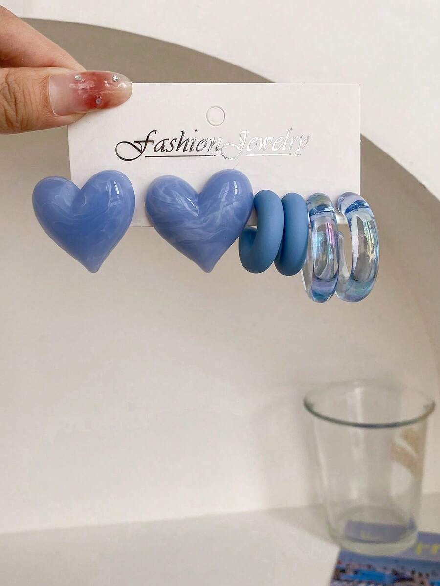 1 Set Of 3 Pairs New Fashion Commuter Elegant Heart-Shaped Stud Earrings, Blue Transparent AB Colorful Hoop Earrings Set - Multicolor - View 1