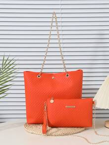2pcs/Set Wave Embossed Tote Bag With Detachable Chain Strap Shoulder Bag, Minimalist Luxury Style For Work & Leisure - Orange - View 2