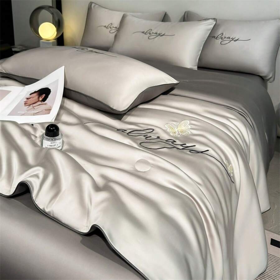 1pc Lightweight Air Conditioning Blanket, Butterfly English Embroidery Summer Cooling Blanket, Luxury Bedding, Suitable For All Seasons, Easy To Wash, Applicable To Sofa And Bed, Without Pillowcase - Light Grey - View 1