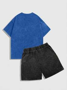 Conjunto de camiseta y pantalones cortos con estampado de letra y llama vintage lavado para hombre Hemo - Negro - Ver 2