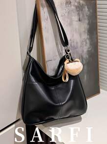 Large Capacity Hobo Bag Solid Color With Bag Charm Soft PU Leather Tote Bag, Retro Solid Color Shoulder Bag, Fashion Handbag For Women, Business Casual Women Bag, Perfect For Office, Business And Work, Japanese Bag, Vintage Bag For Women