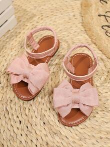 1 Pair Beige Plus Size Girls' Flat Sandals With Knitted Mesh, Big Bow Decor, Elastic Strap, Round Toe, Fashionable & Cute, Suitable For 3-15 Years Old Girls, Daily, Casual, Party, Travel, Spring/Summer - Pink - View 2