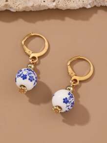 1 Pair Vintage Handpainted Blue And White Porcelain Beaded Earrings, Elegant Dangle Earrings For Women