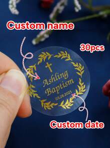 LICVIC Da 30 a 240 pezzi di adesivi personalizzati per il battesimo con stampa in oro, oro o argento, etichette personalizzate per i favori del battesimo, adesivi personalizzati, trasparenti, bianchi, in foglia metallica, tondi, 4x4cm, per il rientro a scuola
