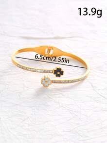 1pc Stainless Steel High-End Personalized Clover Shell Paved Titanium Steel Bangle Bracelet - Gold - View 4