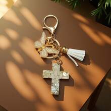 1 pieza Llavero de Cruz con Resina Druzy y Concha, Decoración con Borla de Mariposa, Regalo para Hombres Mujeres Accesorios para Coche y Bolso