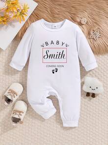 [Personalizado] Ranpita recién nacida personalizada con nombre para niño/niña, cuello redondo de manga larga y pantalones, traje informal para niños y niñas pequeños - Estampado de letras de nombre personalizado, ranpita de manga larga, cómoda y apta para uso en exteriores - Blanco - Ver 1