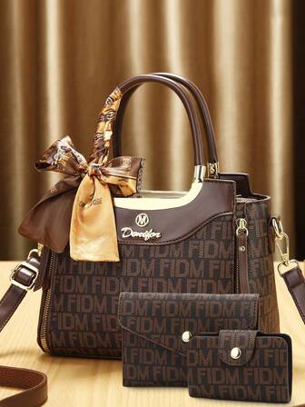 别致的 3 件套女士时尚包袋套装 - 优雅几何印花、人造皮革托特包、斜挎包和手拿包