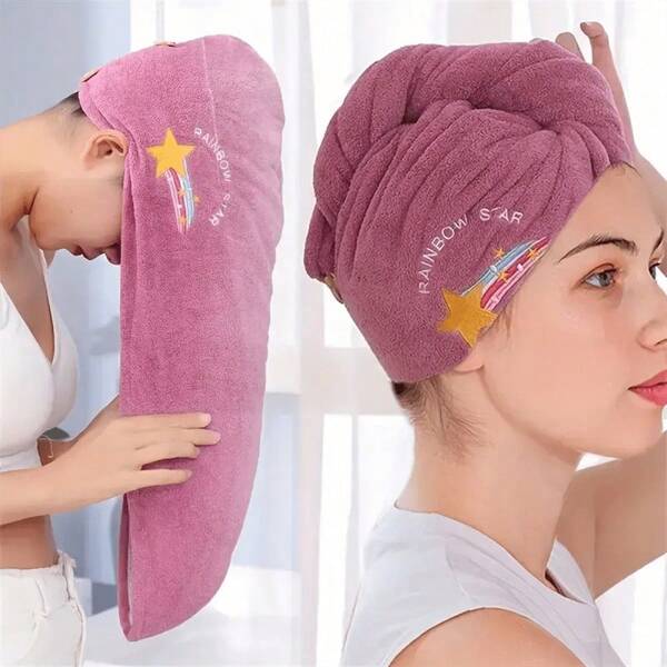 1pc Embroidery Style Hair Drying Cap, Coral Fleece Thickened Hair Towel For Bathroom, Women's Absorbent Quick-Drying Shower Cap, Bathroom Accessories Home Bathroom Decor Fall Decor Back To School Hair Bonnet