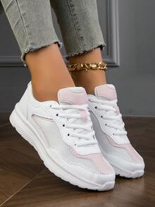 New Thick-Soled Fully Black Chunky Sneakers, Women's Mesh Breathable Versatile Casual Shoes, Fashionable Comfortable Walking Shoes, Soft Cushioned Anti-Slip Anti-Odor Running Shoes, Durable - White Powder - View 3