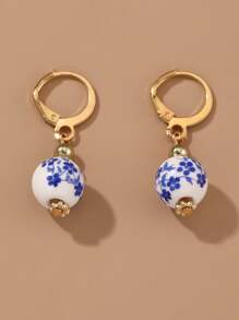 1 Pair Vintage Handpainted Blue And White Porcelain Beaded Earrings, Elegant Dangle Earrings For Women