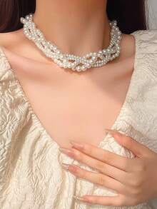 3 件套奢华包裹珍珠项链和耳环女士珠宝套装，适合日常佩戴 - 白色 - 查看 2