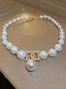 3pcs/Set Luxury Exaggerated Letter & Large Pearl Necklace & Earrings Jewelry Set For Women, Suitable For Daily Wear