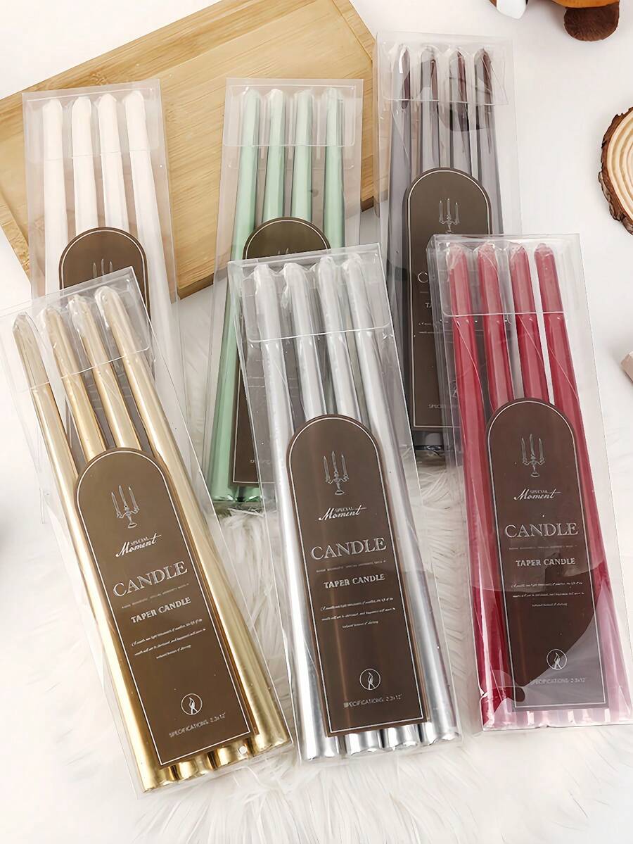 4pcs/Set 12-Inch European Style Electroplated Tapered Candles, Colorful Wedding Candles, Tapered Candles, Long Stem Candles, Suitable For Restaurants, Hotels, Living Rooms, Bedrooms. Romantic Dinner Set And Wedding Decor, Party And Home Decor Candles, Smokeless And Odorless Candle Holders For Home Use, Restaurant Decor, Gifts, Home Decor, Suitable For Graduation Parties, Wedding Season, Birthday Parties And Other Occasions. - Multicolor - View 1