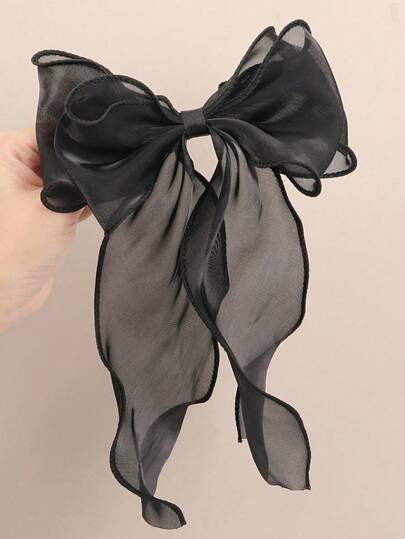 1pc Black Mesh Giant Bow Wave Ribbon Spring Hair Clip, Elegant Soft Hairpiece For Spring, School Stuff, College, Bows, Cute, Classy, Winter Outfit Women, Hair Accessories, Head Accessories, Hair Accessories For Women
