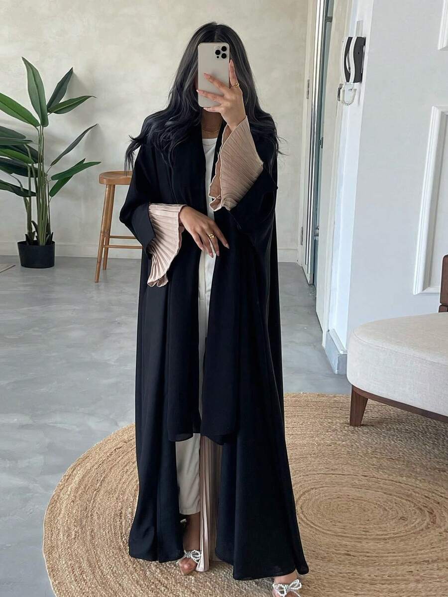 1pc Women Elegant Casual Pleated Patchwork Open Front Abaya, Modest Kaftan - Black - View 1