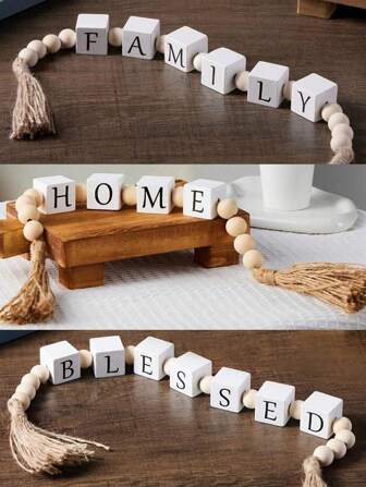 1 pieza Decoración de borla de cuentas de madera con letra de madera cuadrada en estilo "Bendición del hogar y la familia", color de madera original, cuerda de borla de cuentas de madera para decoración del hogar y manualidades