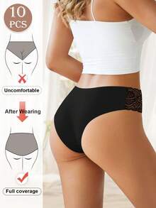 MIOTAN 10 chiếc/gói Quần lót ren cạp thấp dành cho nữ, màu trơn, kiểu bikini gợi cảm - Nhiều màu - Xem 3