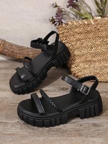 女士简约时尚度假风格绑带编织凉鞋，仙女坡跟厚底凉鞋，适合户外散步、沙滩，加大码 - 黑色 - 查看 3