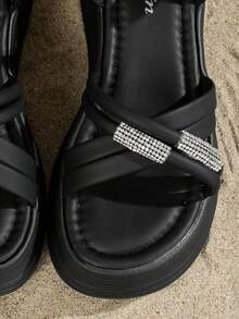 SHIHUA Schwarze Riemen-Sandalen Damen 2025 Neu Sommer Plateau-Sohle mit Strass verziert Kleid Sandalen, Plateau Römische Schuhe für den Strand - Schwarz - Übersicht 7