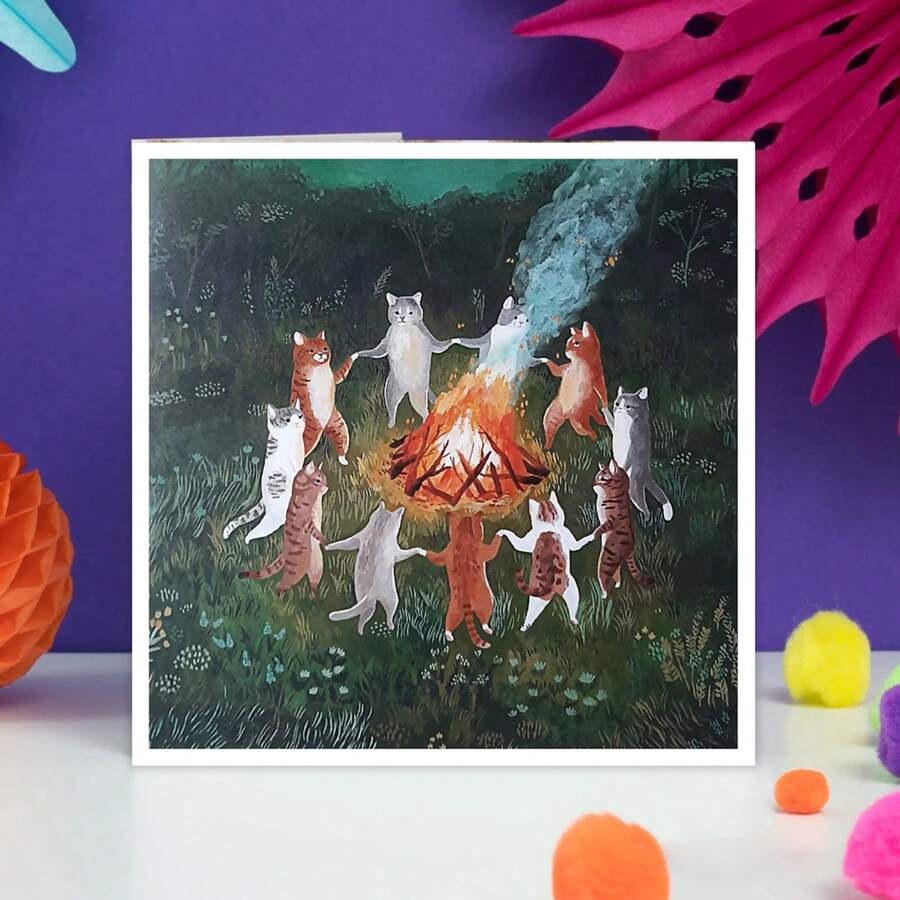 1 张异教徒猫围着火跳舞贺卡，适合任何场合的古怪贺卡 - 彩色 - 查看 1