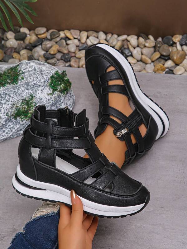 Women Summer Wedge Platform Athletic Sandals Waterproof Toe Covers Roman Sandals New Closed Toe Hollow-Out Chunky Sole Hook-And-Loop Sandals, Comfortable Casual Slip-On Espadrille Sandals, White Breathable Platform Sandals, Versatile Solid Color Thick Bottom Sandals